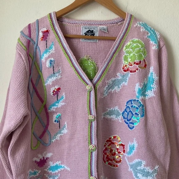 Handknits by Storybook Knits Sequin Peonies Embroidered Cardigan Cottagecore 1X - Picture 3 of 16